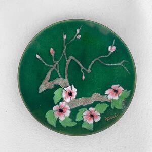 MidCentury Bovano Cheshire Enamel Trinket Plate Cherry Blossom Signed Handcraft